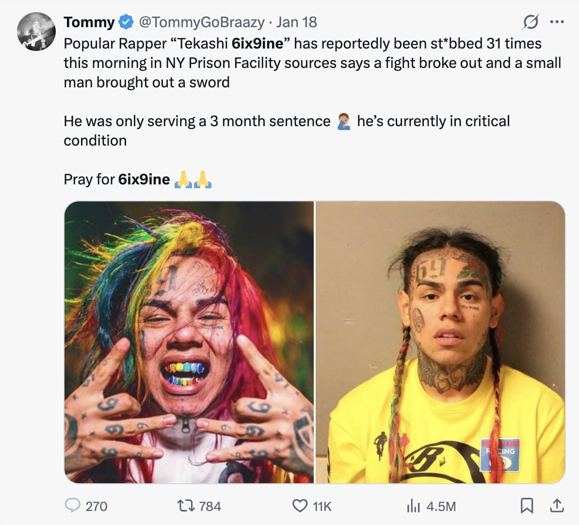 6ix9ine 驚傳獄中遭刺 31 刀！官方公布最新近況曝光！