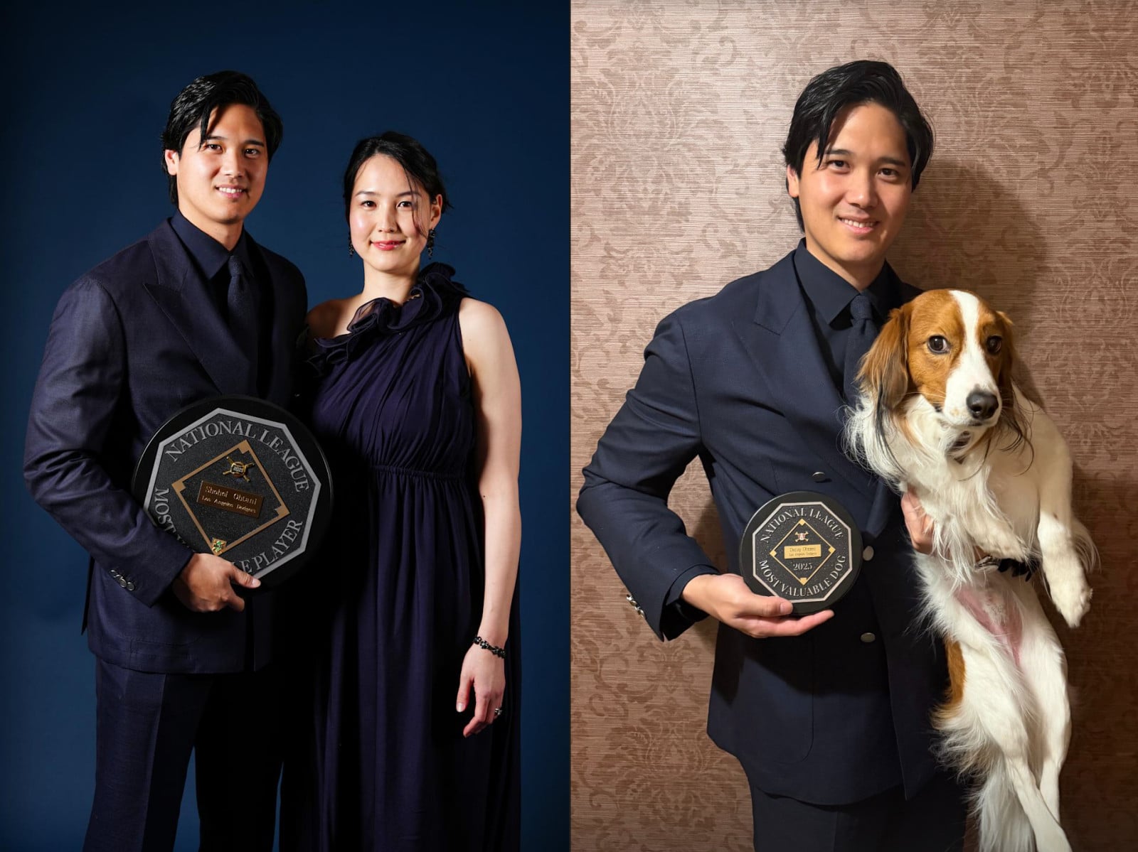 大谷翔平第4座MVP獎盃曝光！BOSS量身訂製西裝搭妻子真美子盛裝出席，網笑：連愛犬都有獎牌！