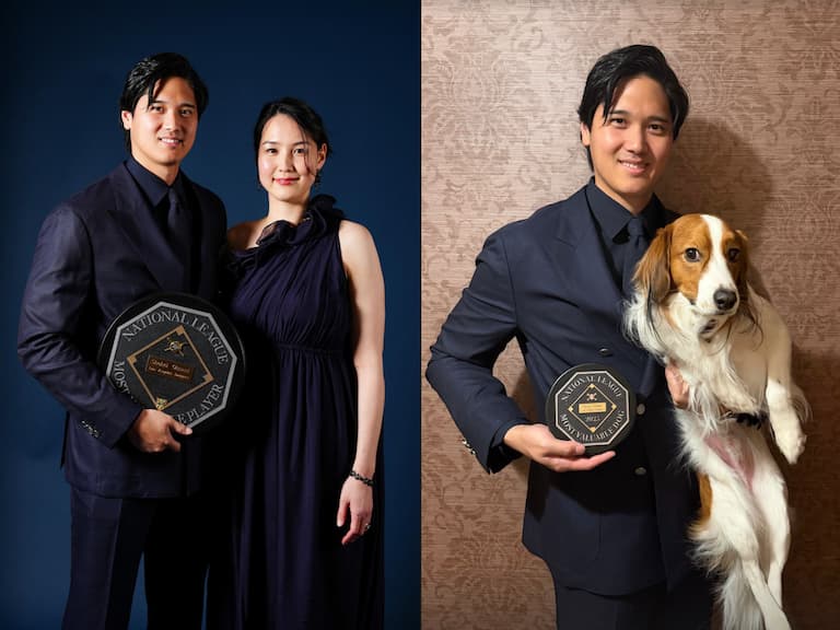 大谷翔平第4座MVP獎盃曝光！BOSS量身訂製西裝搭妻子真美子盛裝出席，網笑：連愛犬都有獎牌！