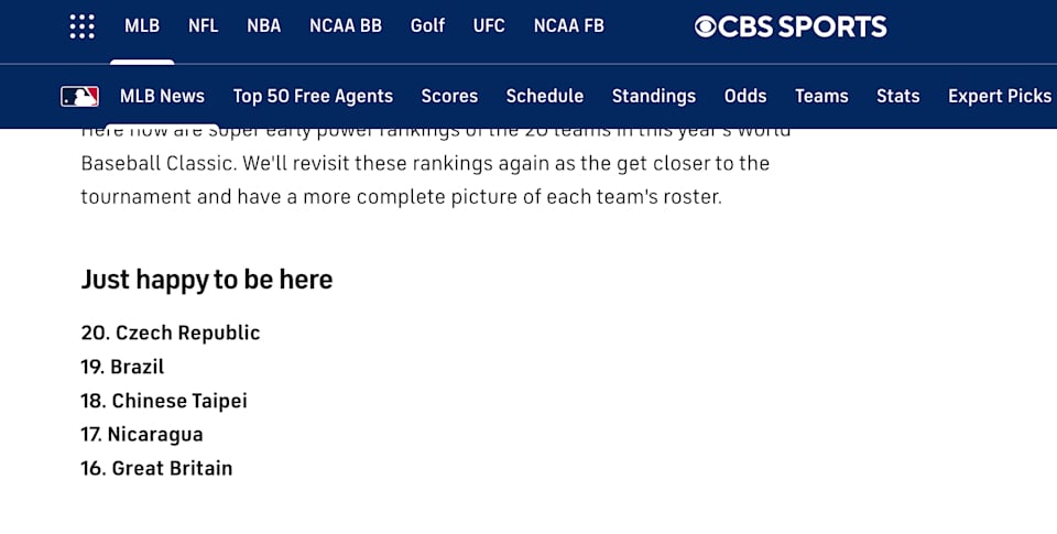 WBC 各隊戰力預測排行曝光！中華隊被歸在「志在參加」倒數第三遭徹底看扁！
