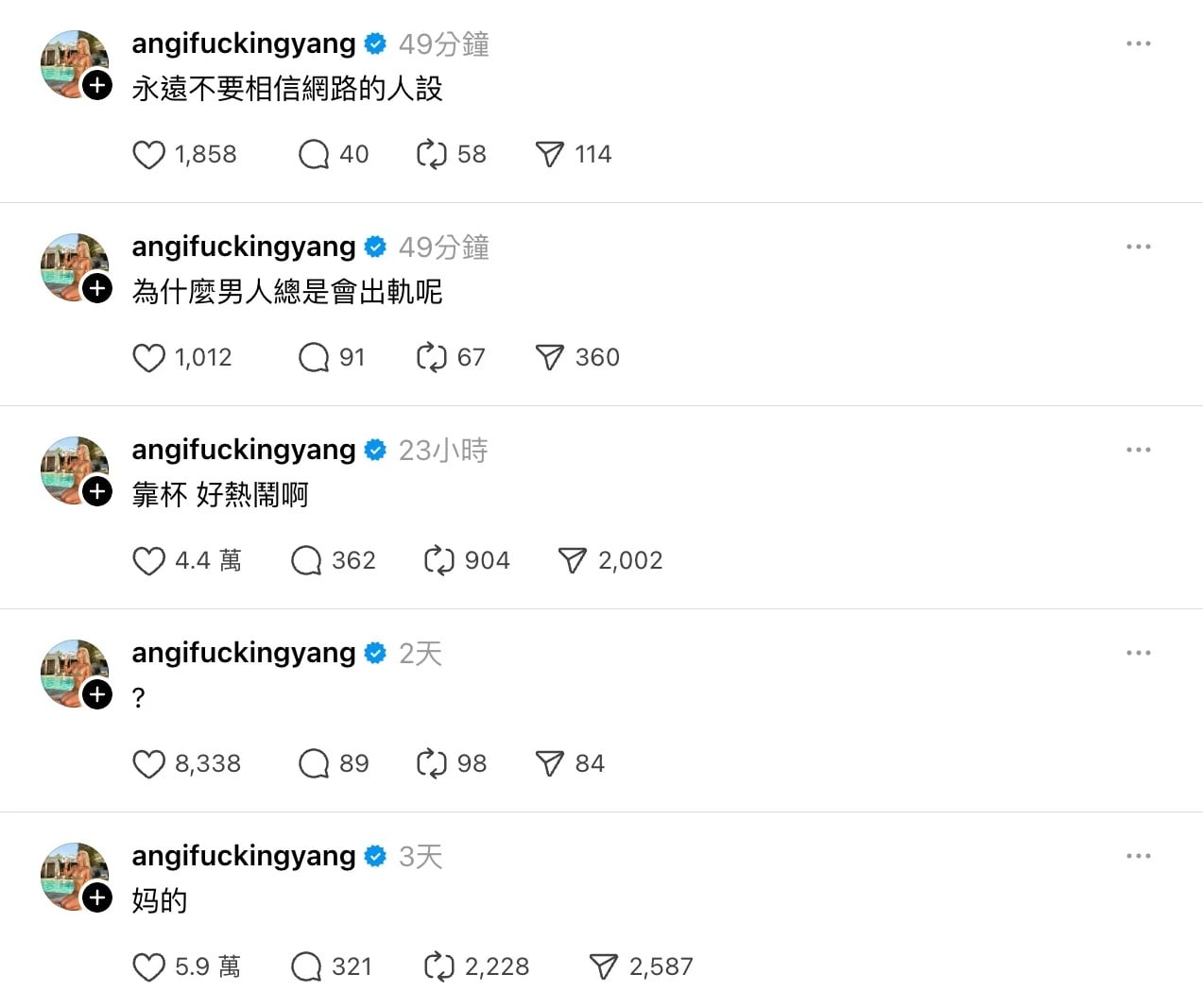 Ray 跟辣模女友 Angi Yang 分手了？IG 互退追、女方放話「別在我頁面提到他名字！」