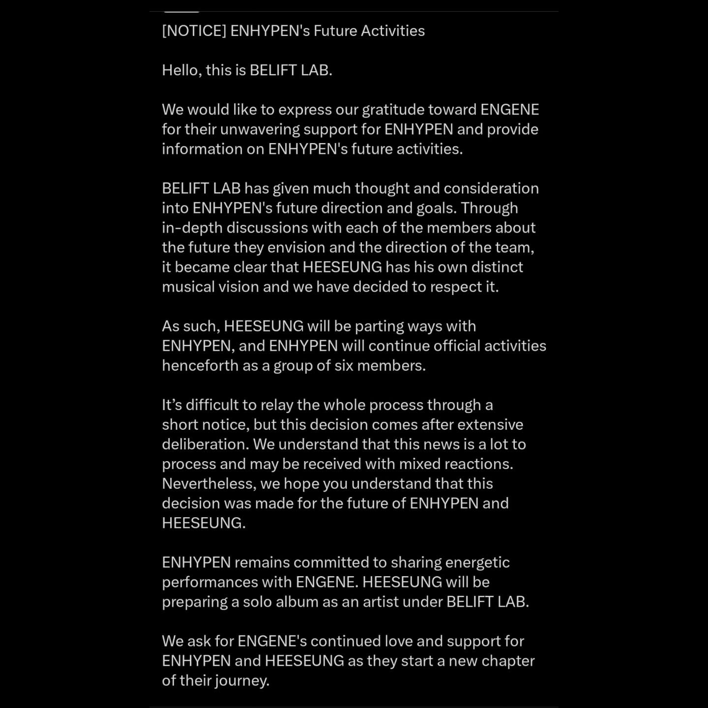 ENHYPEN 李羲承宣布退團！親筆信曝光：「不願把個人野心擺第一！」