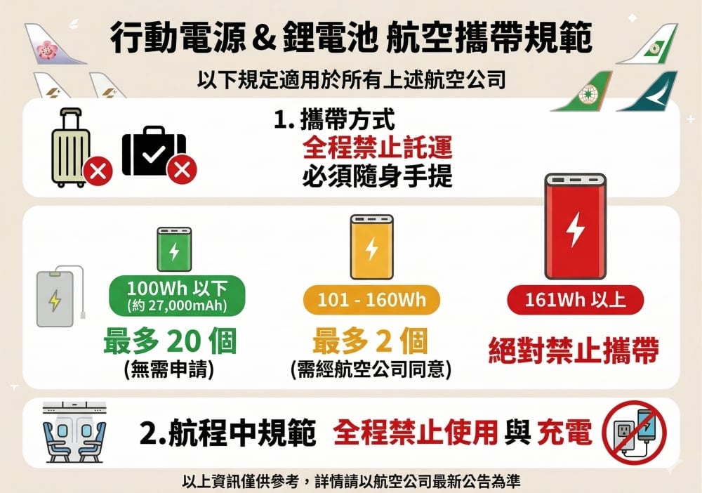 2026 出國行動電源最新規定曝光!可上機種類、數量限制、各航空攜帶規範⋯一次看!