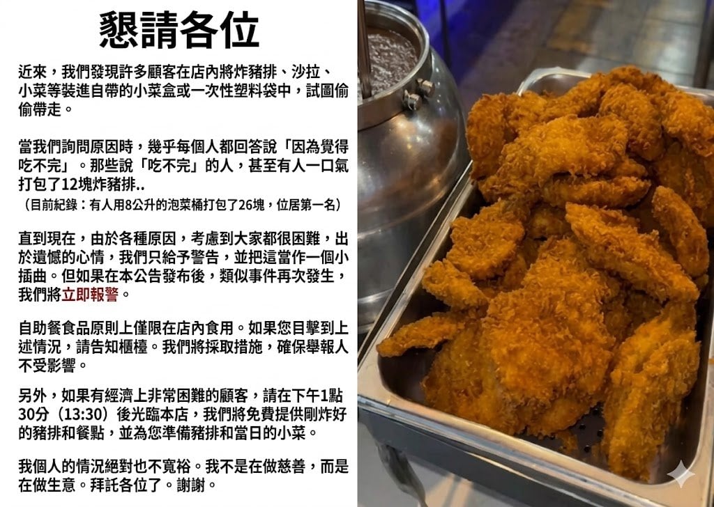 韓國無限吃到飽豬排店崩潰發文！客人用泡菜桶偷帶走 26 片⋯老闆：我不是在做公益！