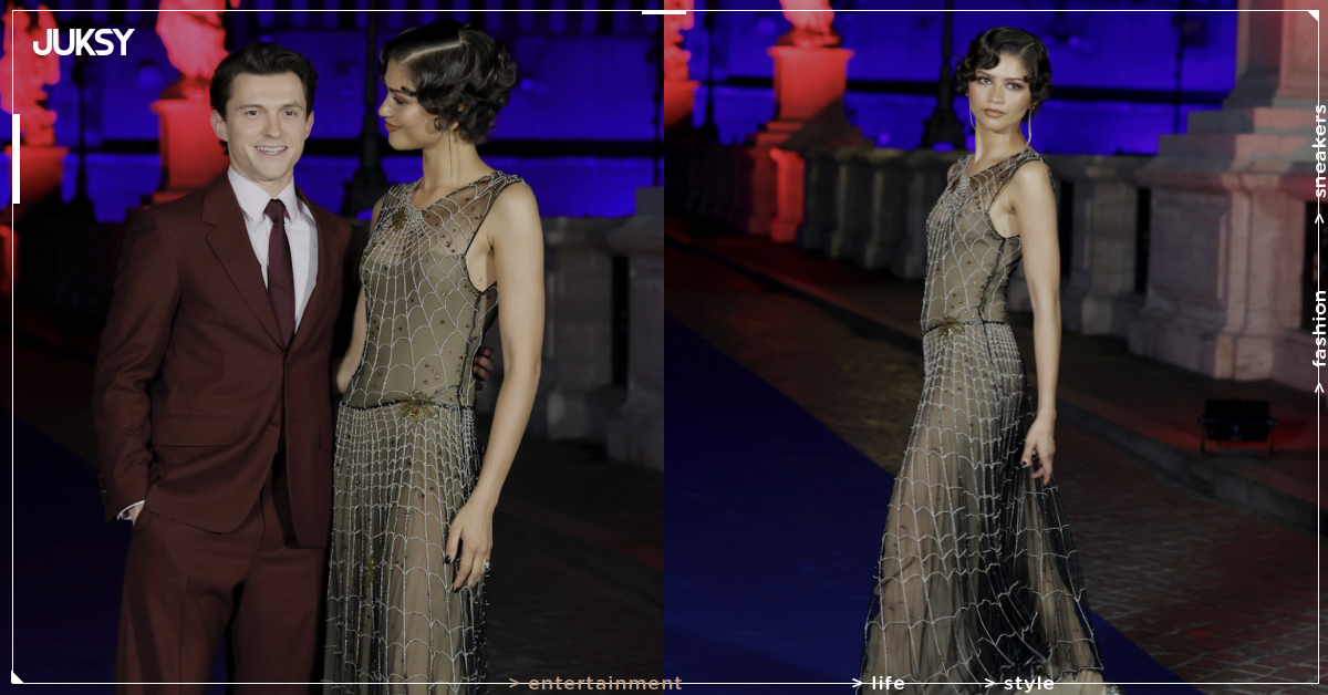 千黛亞 Zendaya 婚後首度紅毯亮相！古著蜘蛛網禮服征服全歐洲，湯姆霍蘭德 Tom Holland 甜蜜護航！