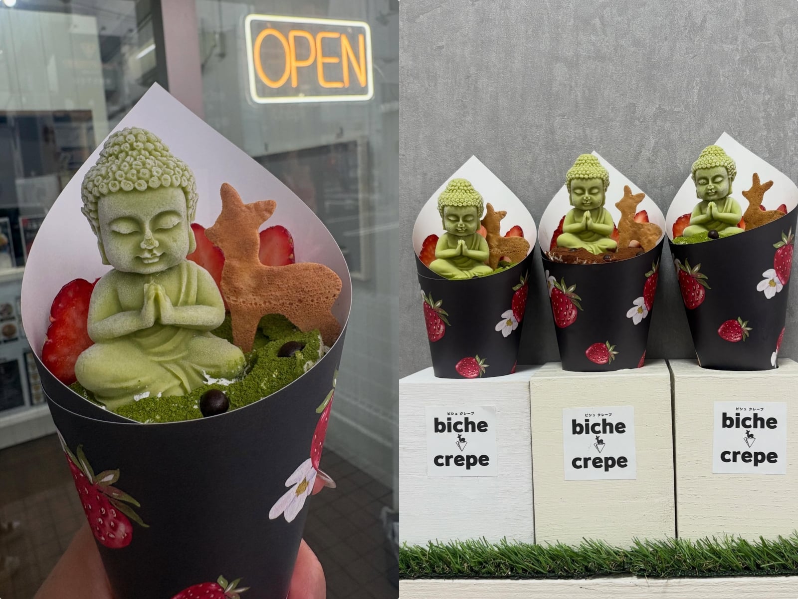 日本奈良最新打卡美食「阿彌陀佛抹茶可麗餅」！網友：「吃下去會不會有罪…」