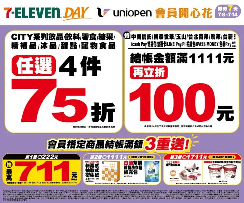 7-11歡慶7/11超狂優惠！咖啡比半價便宜、滿1111元折100元，颱風巴威來襲消費者搶先囤貨