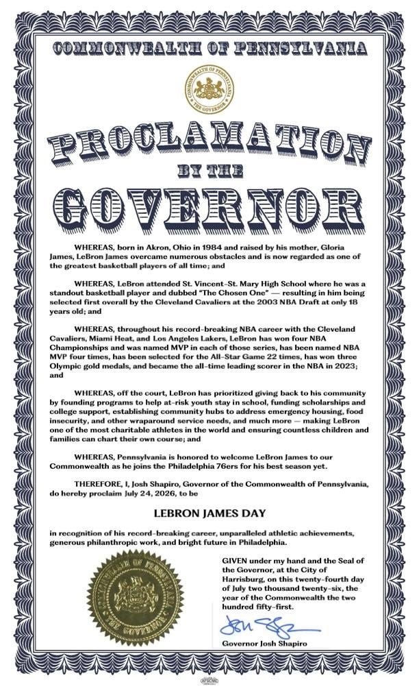 NBA/詹姆斯加盟 76人效應持續延燒!賓州州長竟宣布 7/24 是 LBJ Day!