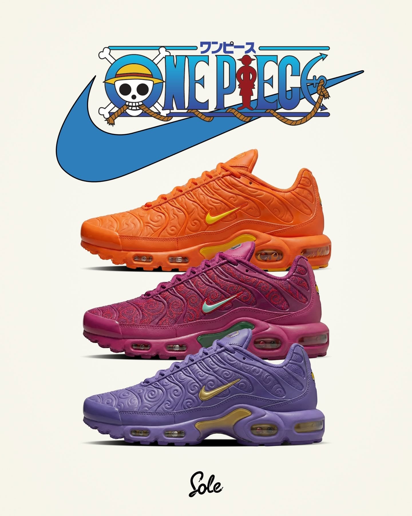《航海王》Nike 聯名首波預告正式揭曉!Air Max Plus 惡魔果實配色、歷史本文太震撼!