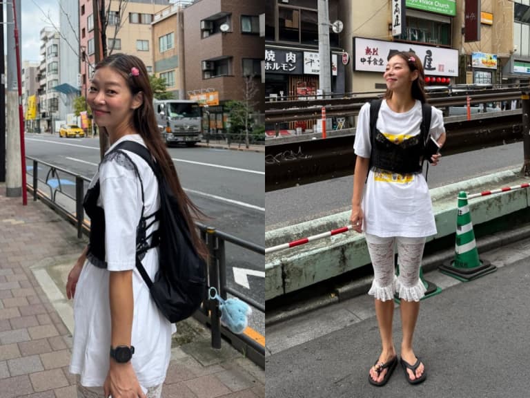 宋海娜 Song Haena 東京穿搭超狂！白T搭透視緊身衣、蕾絲短褲，一般人穿「會被笑」她卻完美駕馭