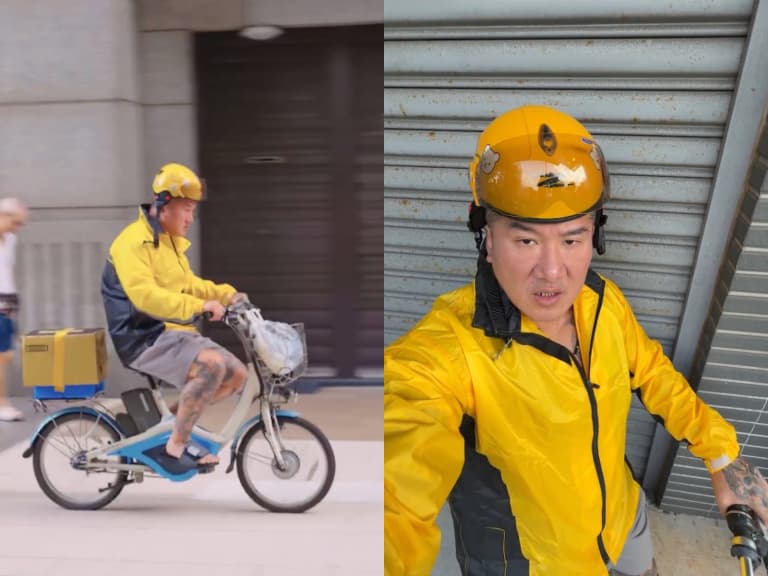 「館長」陳之漢模仿美團外賣外送員！穿黃外套騎腳踏車找客人，網友笑翻：「這感覺不能拖時間！」