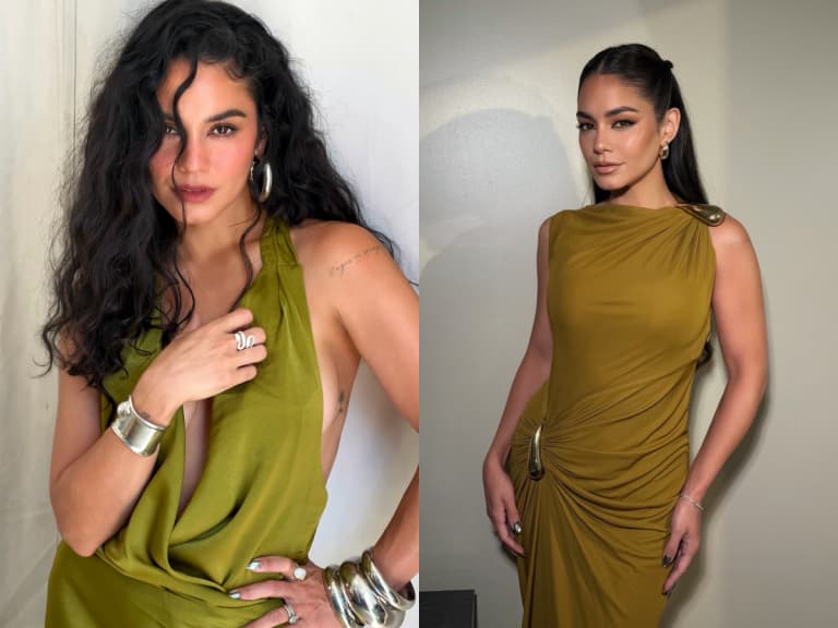 凡妮莎哈金斯 Vanessa Hudgens 曬橄欖綠掛脖洋裝！銀色蛇戒、粗手環疊戴超吸睛！