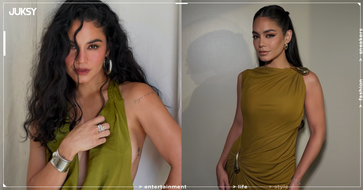 凡妮莎哈金斯 Vanessa Hudgens 曬橄欖綠掛脖洋裝!銀色蛇戒、粗手環疊戴超吸睛!