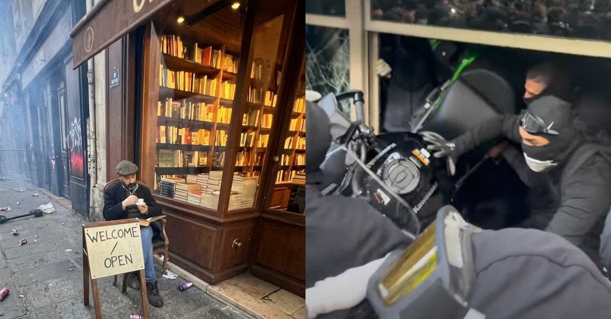 法國暴動各大店家遭洗劫！唯獨書店老闆淡定坐門口，網笑：「知識就是最好的防盜！」