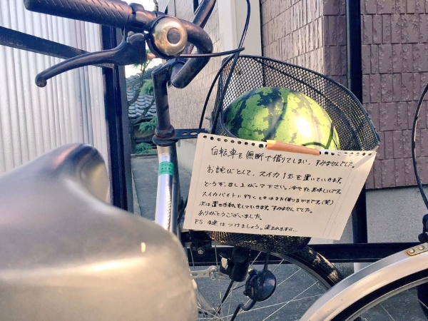 治安是好還是壞？日本人腳踏車被偷騎走　隔天竟發現完好歸還還多了一顆西瓜...