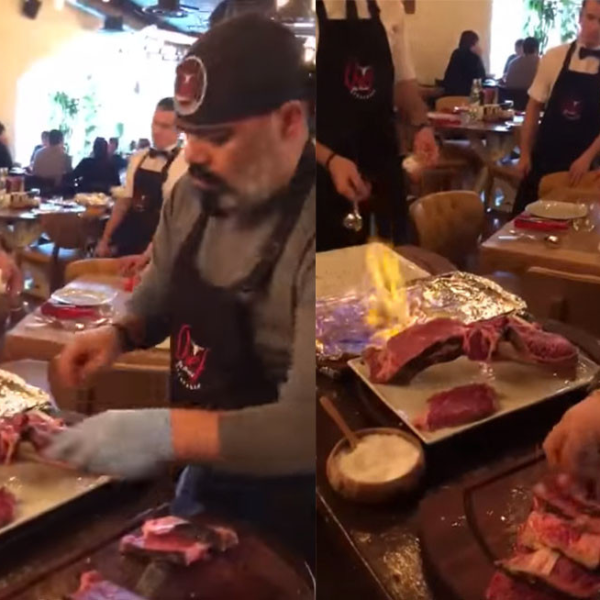 廚師桌邊服務帥氣大火煎牛排，下一秒啟動灑水系統餐廳撐傘了！