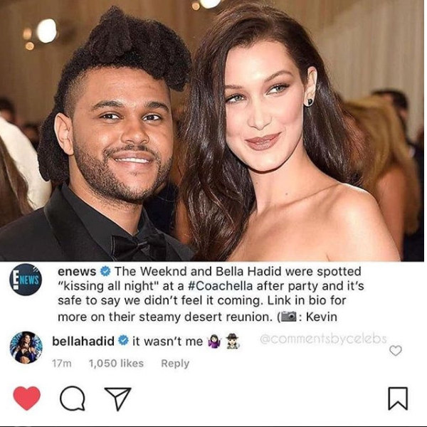 被爆與前男友威肯偷接吻　貝拉哈蒂德親自打臉：那根本不是我！