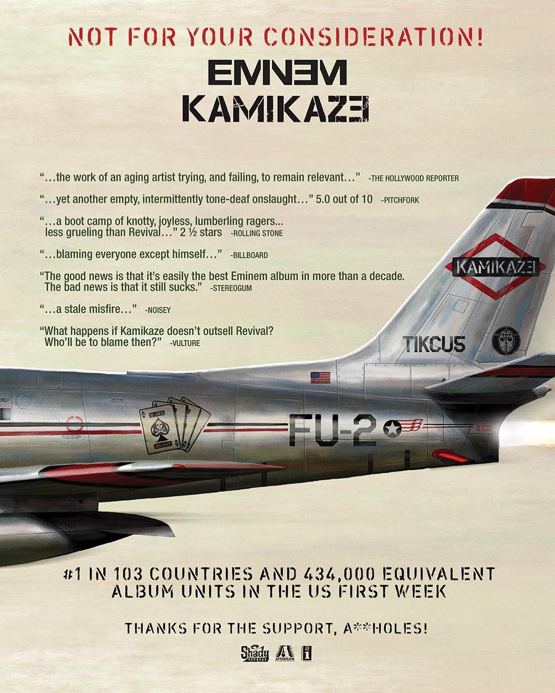 「 Thanks for the support Axxholes！ 」阿姆特別印製海報霸氣回應樂評們對《Kamikaze》的批評！