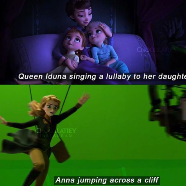 網友幻想《冰雪奇緣 2》艾莎和安娜如果是真正的演員，幽默模擬特效片場拍攝照！