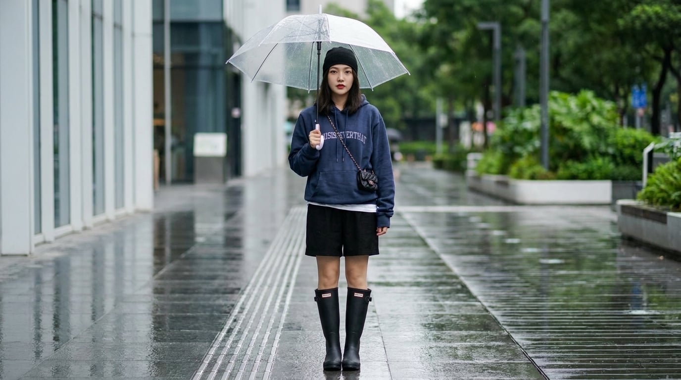 雨鞋搭配五分褲穿搭推薦|打造韓星長腿比例
